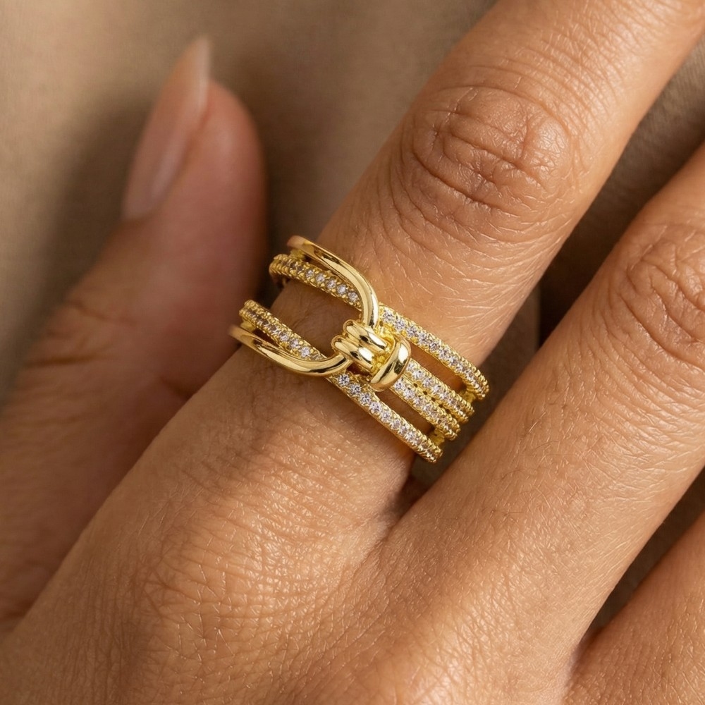 Pave Multi Row Center Knot Adjustable Ring