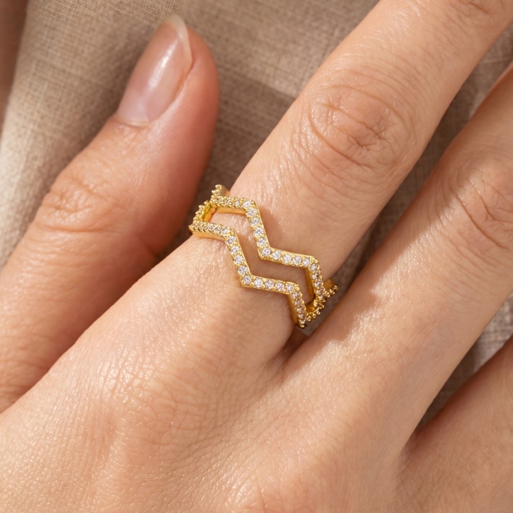 Cz Pave Double Row Zig Zag Ring