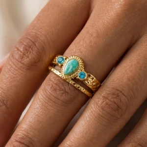 Gold Dipped Amazonite Stone Hammered Wide Cuff Ring