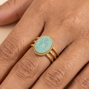 Stainless Steel Oval Stone Bezel Triple Band Ring