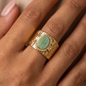 Oval Stone Leaf Frame Textured Adjustable Ring