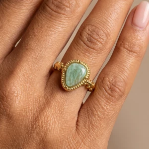 Stainless Steel Pear Stone Beaded Bezel Ring