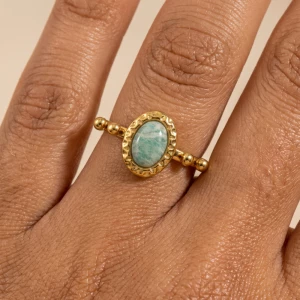 Stainless Steel Oval Stone Beaded Accent Band Ring