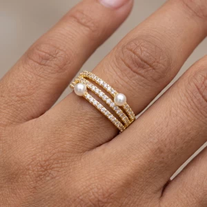 Triple Row Cz Ring With Pearl Accents