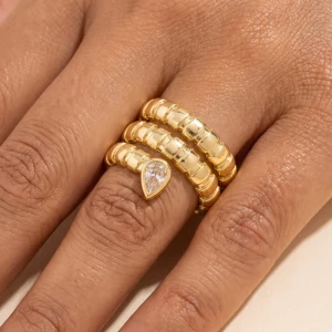 Ribbed Coil Wrap Ring With Teardrop Cz