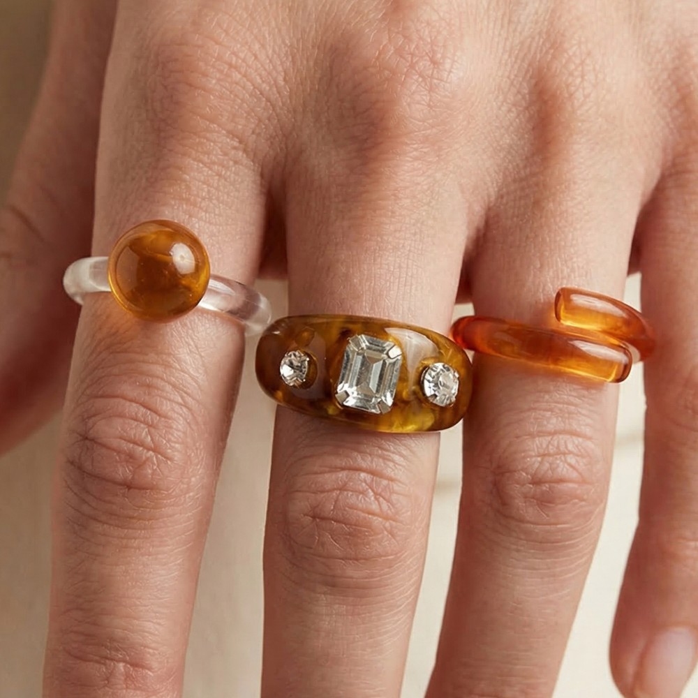 Three Piece Rhinestone Resin Ring Set