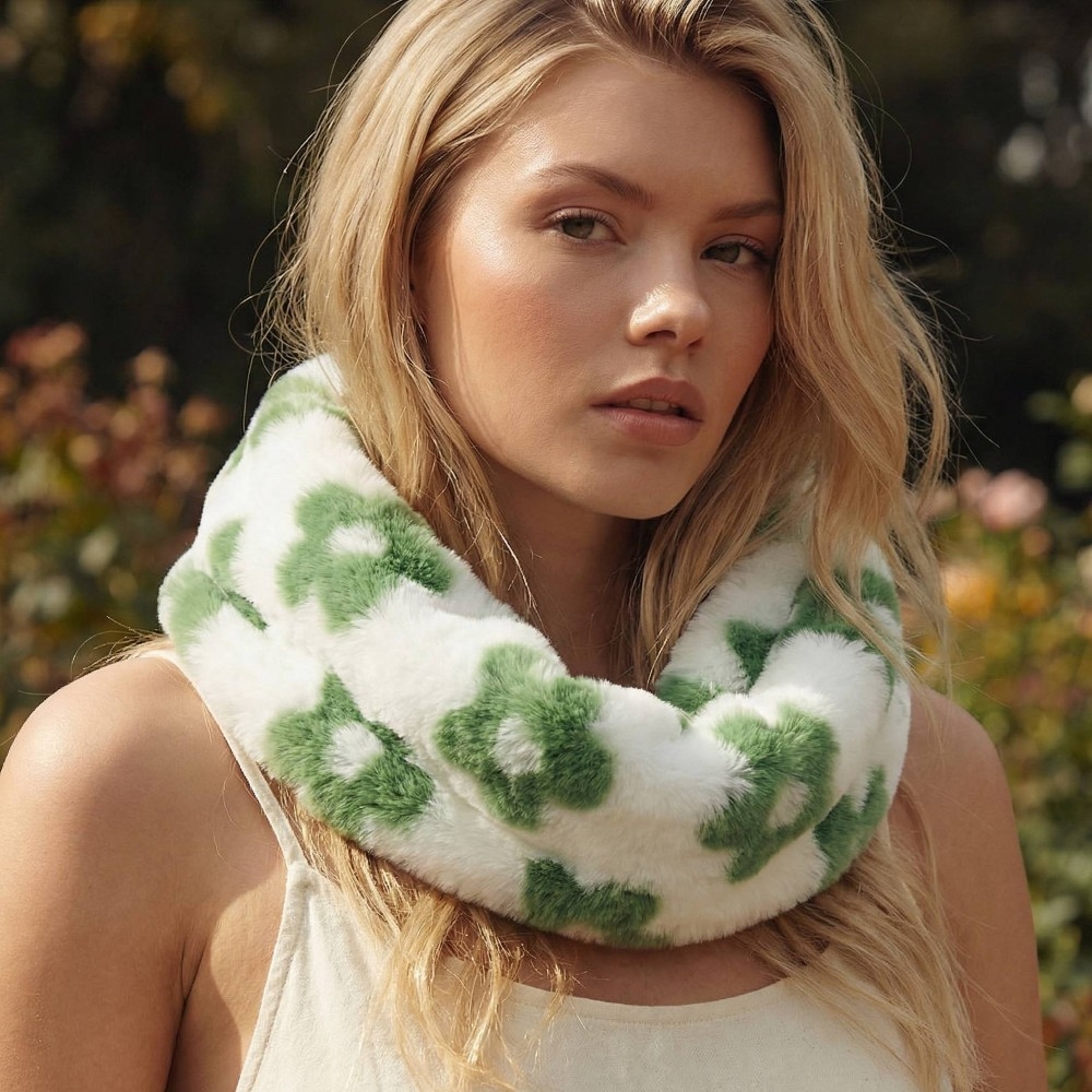 Fuzzy Fur Flower Print Infinity Scarf