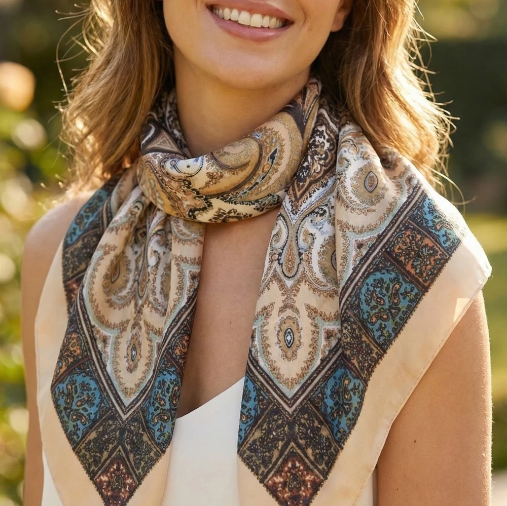 Ornate Paisley Border Print Square Scarf