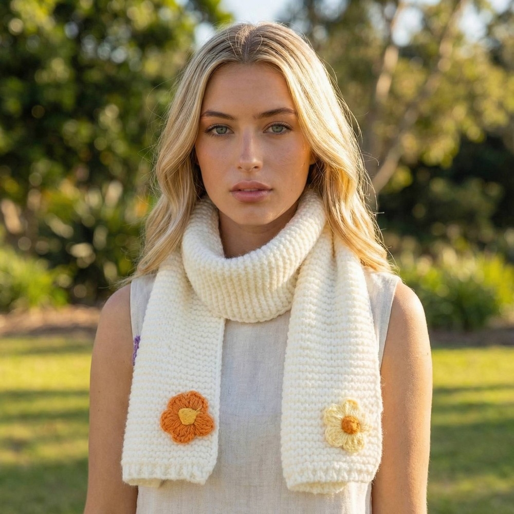 Crochet Knit Flower Oblong Scarf