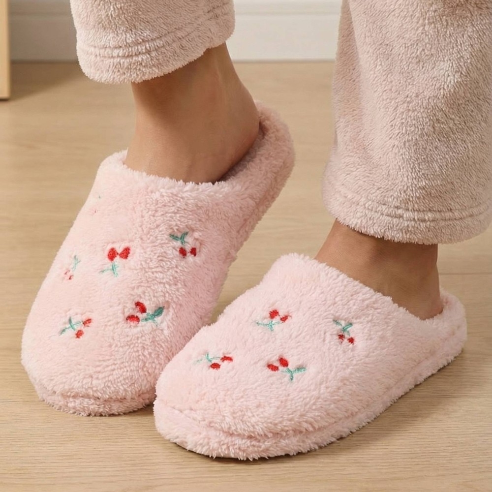 Cherry Pattern Faux Fur Slippers