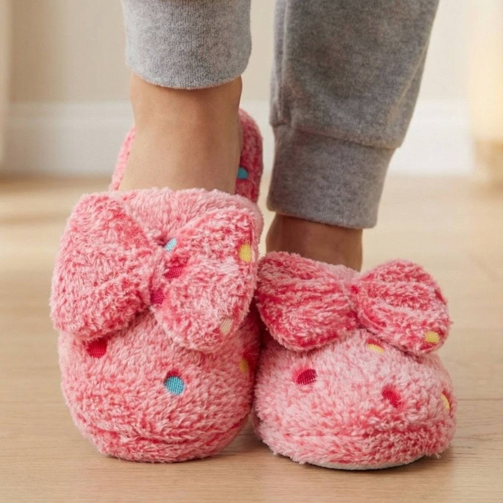 Polka Dot Bowtie Fuzzy Slippers