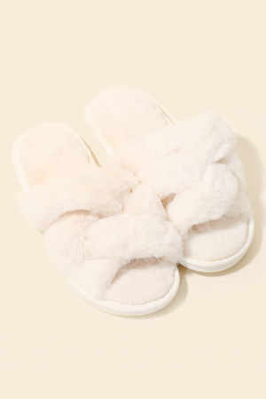 Open Toe Cross Band Fur Slippers