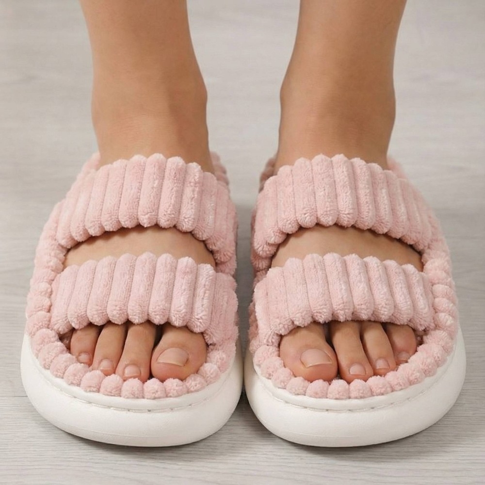 Ribbed Plush Double Strap Slippers