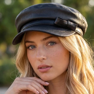 Vegan Leather Captain Cap With Bow Trim