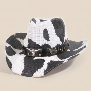 Western Cow Print Bull Head Strap Cowboy Hat