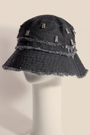 Frayed Denim Trim Teddy Bear Charms Bucket Hat