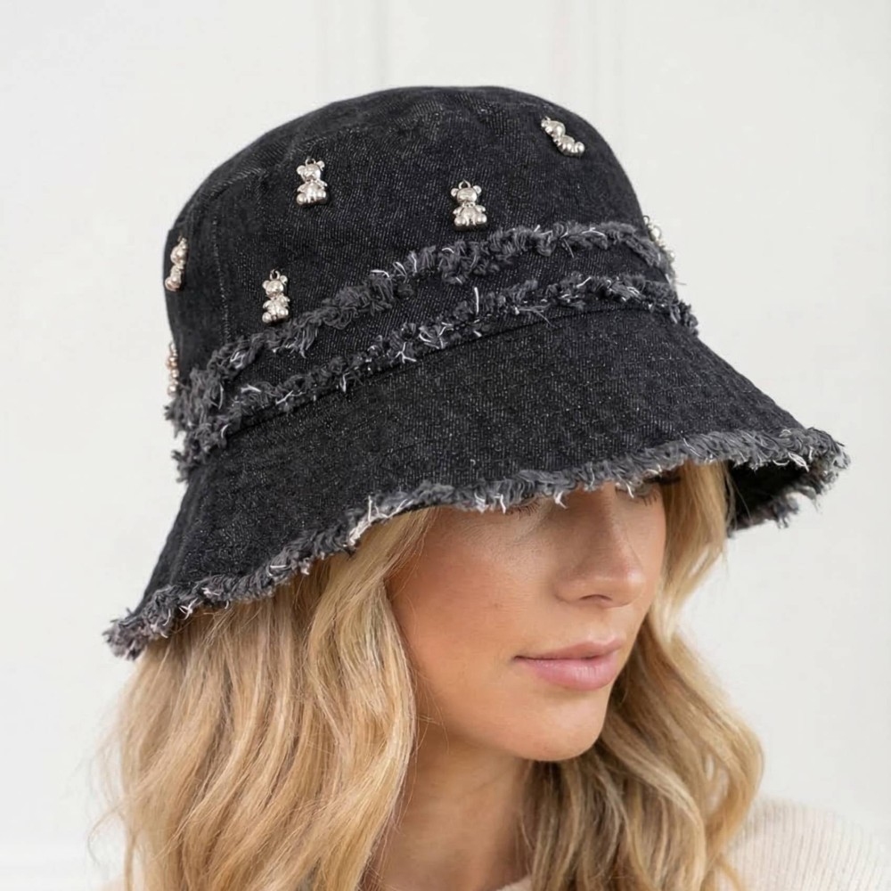 Frayed Denim Trim Teddy Bear Charms Bucket Hat