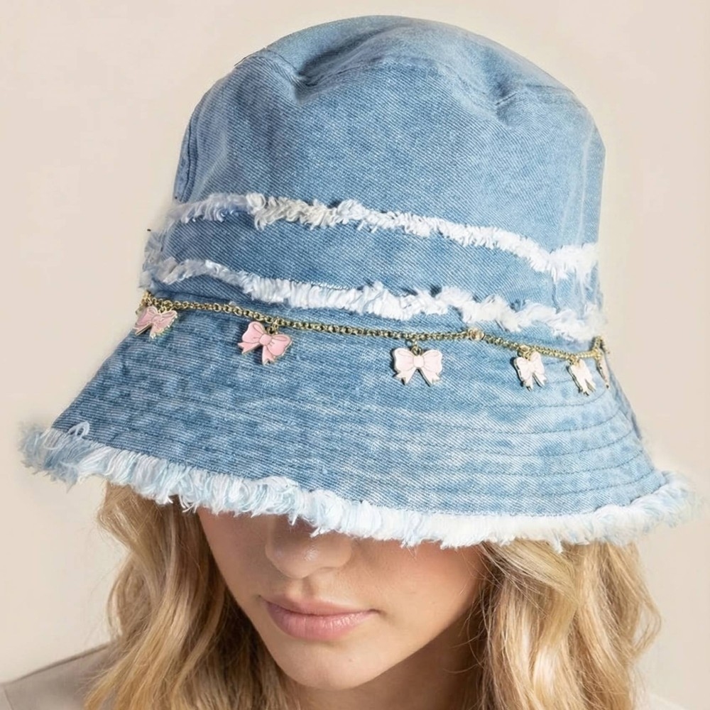 Frayed Denim Trim Ribbon Bow Charms Bucket Hat