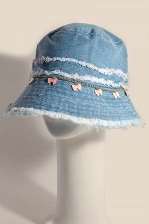 Frayed Denim Trim Ribbon Bow Charms Bucket Hat