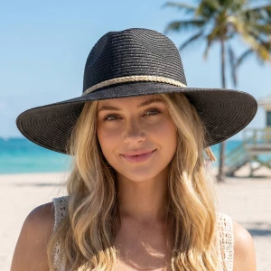 Black Wide Brim Straw Fedora Hat With Rope Band
