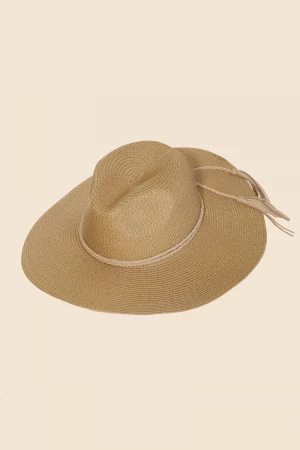 Black Wide Brim Straw Fedora Hat With Rope Band