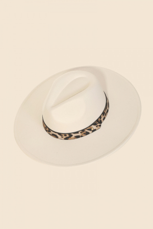 Leopard Strap Flat Brim Fedora Hat