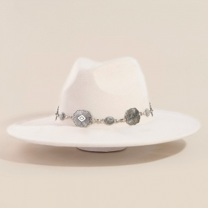 Concho Chain Strap Flat Brim Fedora Fashion Hat