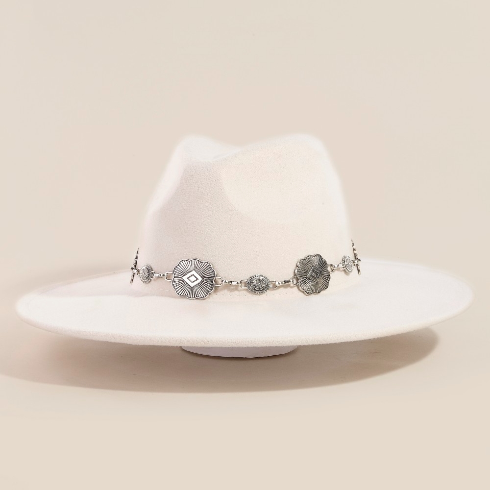 Concho Chain Strap Flat Brim Fedora Fashion Hat