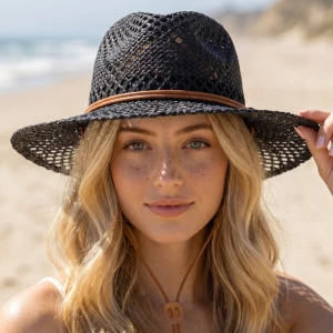 Open Weave Straw Wide Brim Hat With Leather Tie