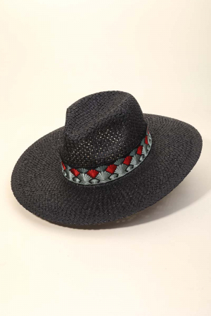 Fan Pattern Strap Straw Fedora Hat