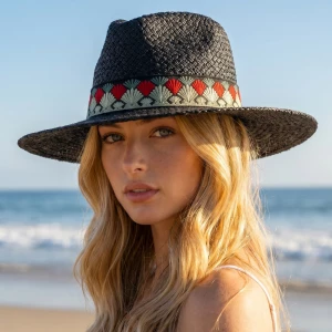 Straw Fedora With Embroidered Fan Motif Band