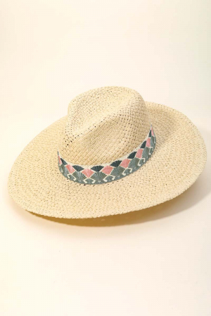 Straw Fedora With Embroidered Fan Motif Band