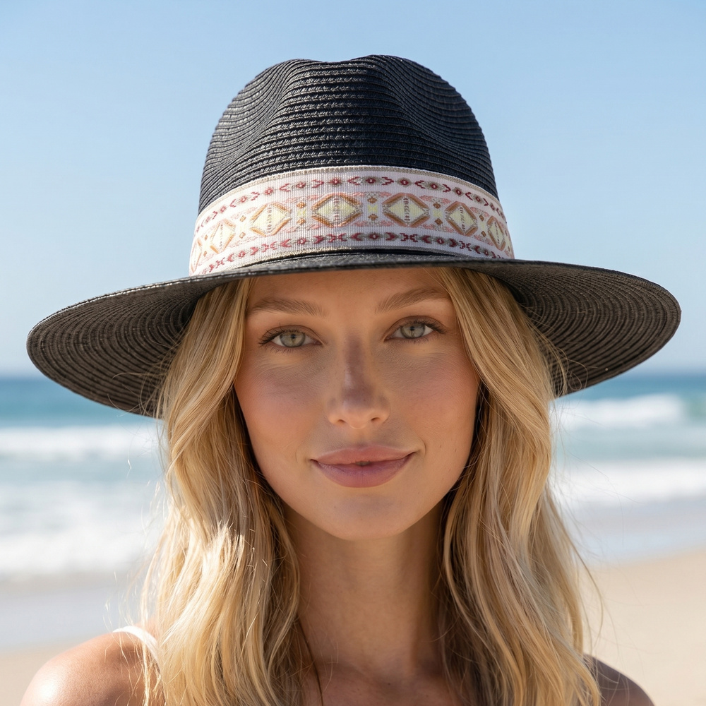 Wide Brim Straw Hat With Boho Ribbon Band