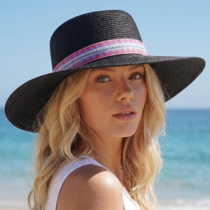 Braided Straw Flat Crown Geometric Band Boater Hat