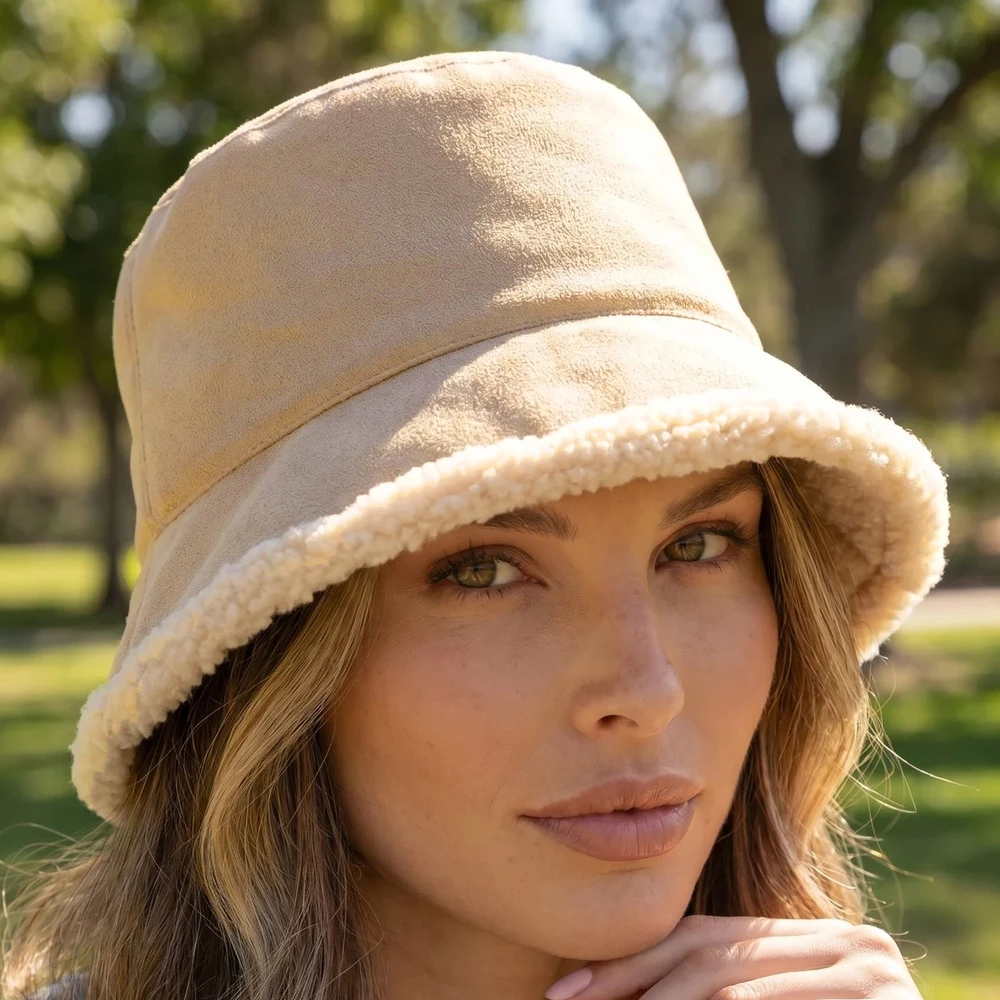 Sherpa Trim Vegan Suede Bucket Hat