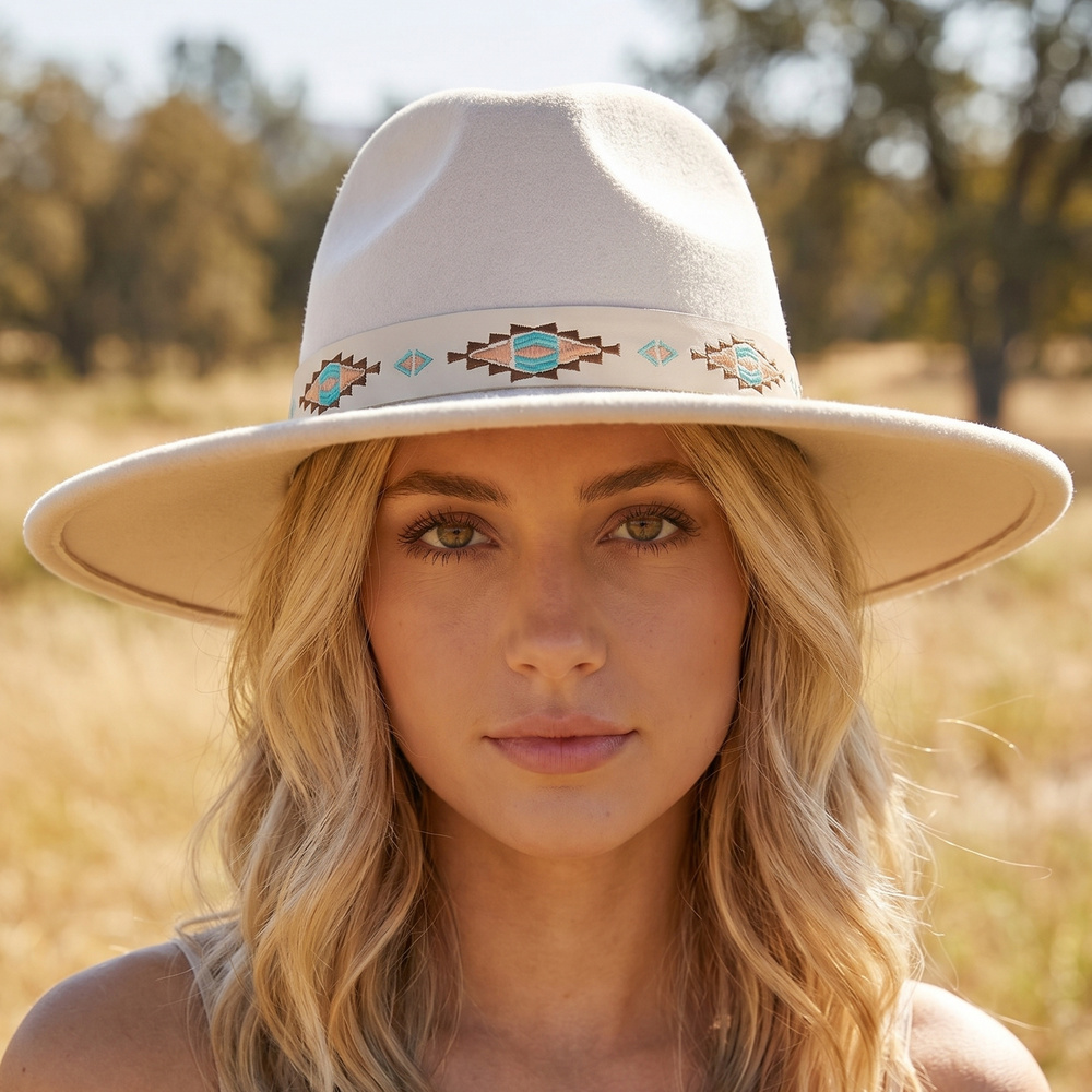 Wide Brim Felt Fedora With Tribal Ribbon Band