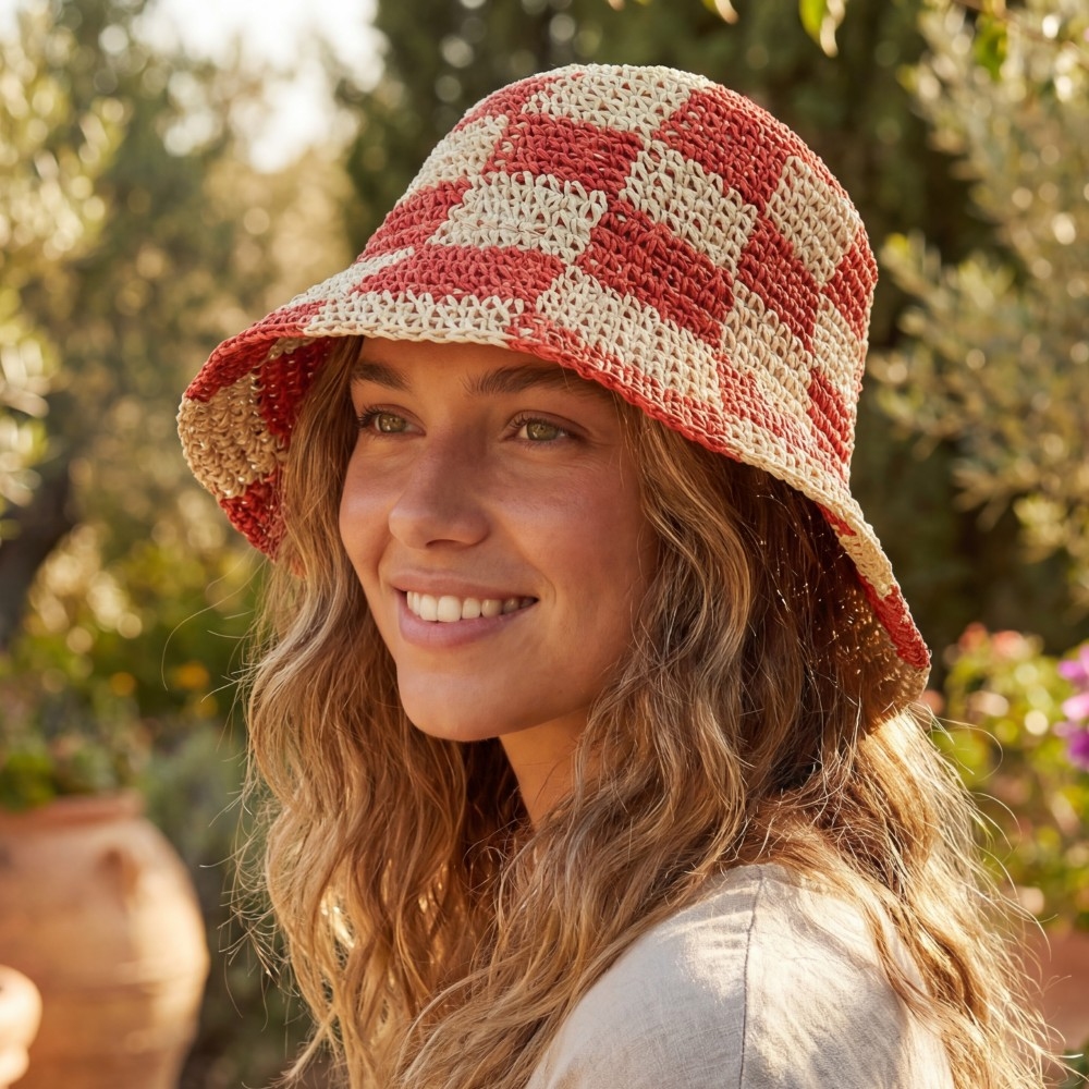 Straw Braided Checkered Bucket Hat