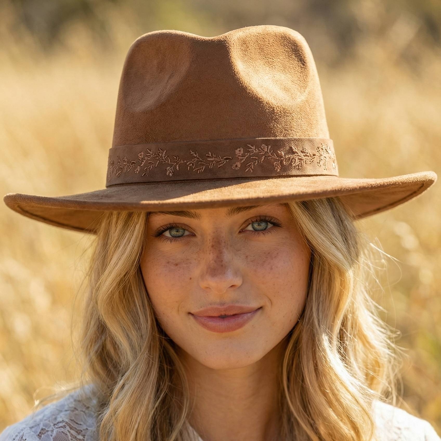 Embroidered Flower Strap Fedora Hat