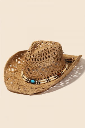 Straw Braided Beaded Strap Cowboy Hat