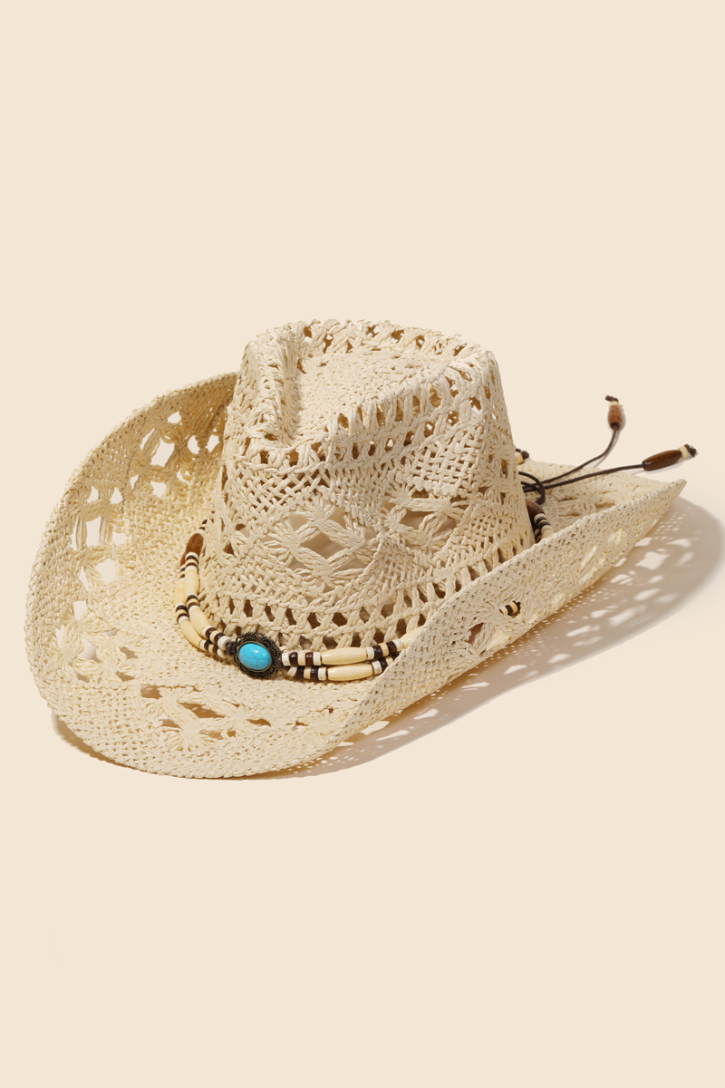 Straw Braided Beaded Strap Cowboy Hat