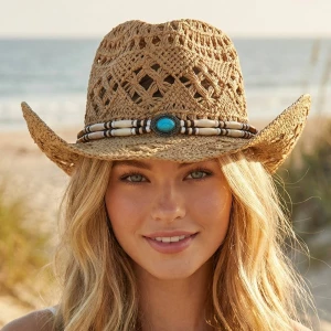 Straw Braided Beaded Strap Cowboy Hat