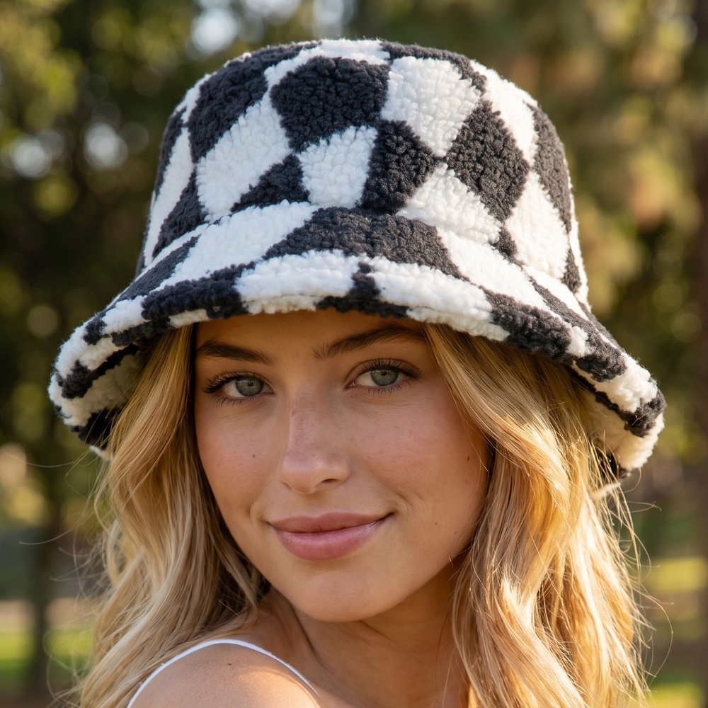 Sherpa Checker Print Fleece Bucket Hat