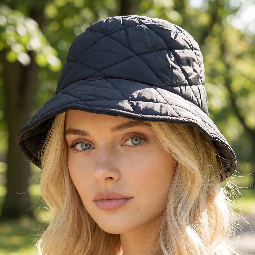 Quilted Diamond Puffer Nylon Bucket Hat