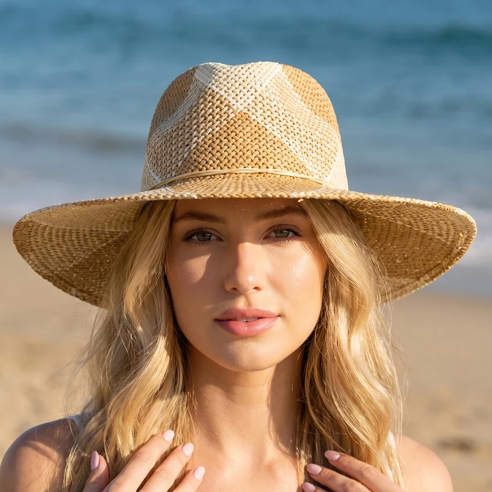 Two Tone Woven Straw Wide Brim Rancher Hat