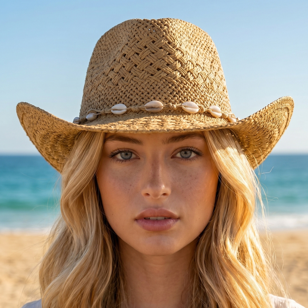 Paper Straw Cowrie Shell Band Cowboy Hat