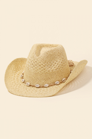 Straw Braid Cowrie Shell Strap Cowboy Hat
