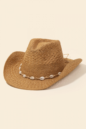 Straw Braid Cowrie Shell Strap Cowboy Hat