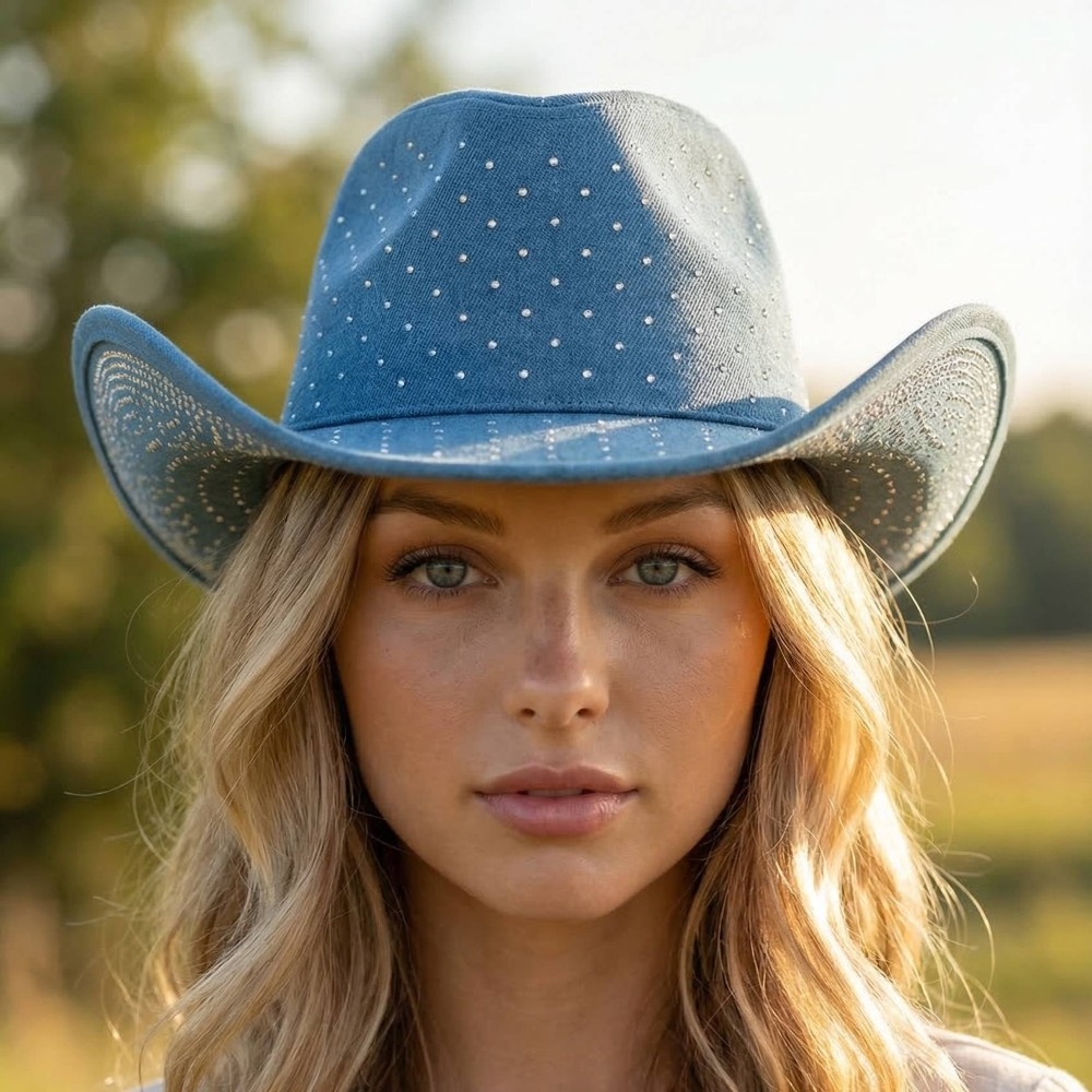 Rhinestone Studded Denim Cowboy Hat