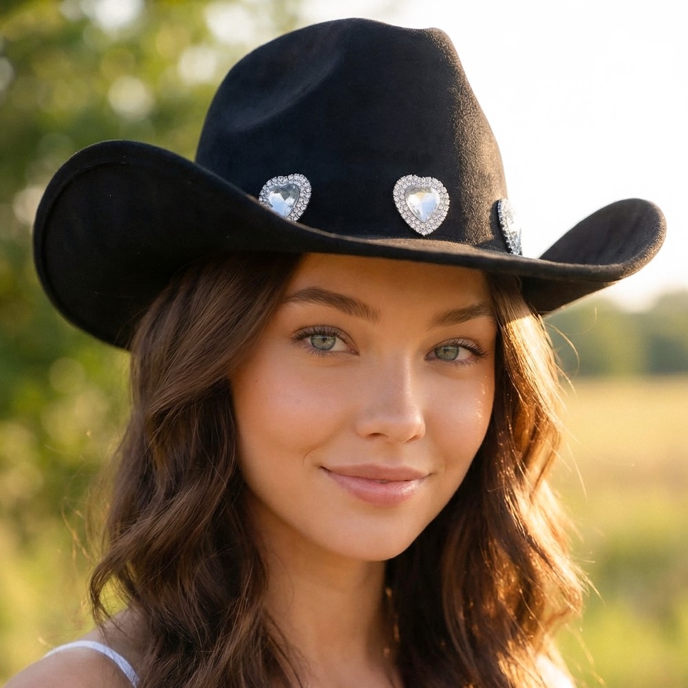 Large Rhinestone Pave Heart Cowboy Hat