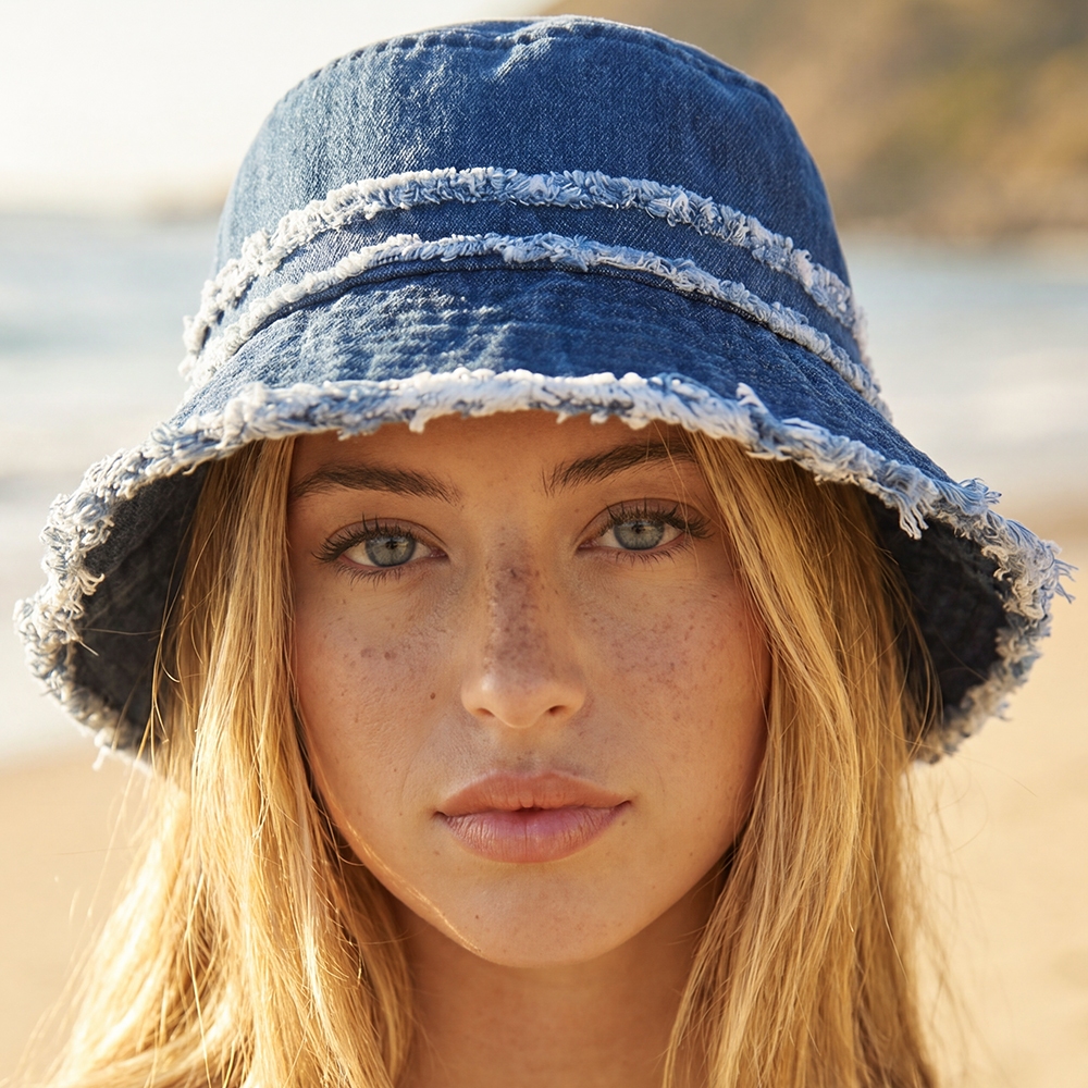 Fringe Trim Denim Bucket Hat